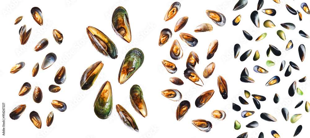 Poster Mussel with green shell falling on white background in full depth of field.