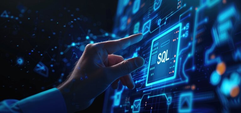 Hand of Business Professional Interacting with Futuristic SQL Database Interface on Digital Screen.