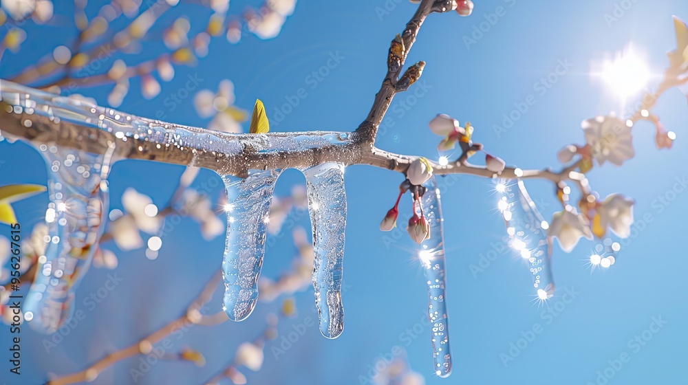 Poster vertical an icicle hangs on a tree branch in spring against the background of a clear blue sky a tra