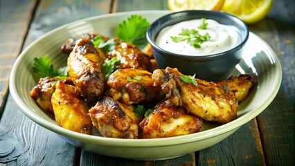Fototapeta premium Crispy Chicken Wings with Creamy Dip and Parsley Garnish