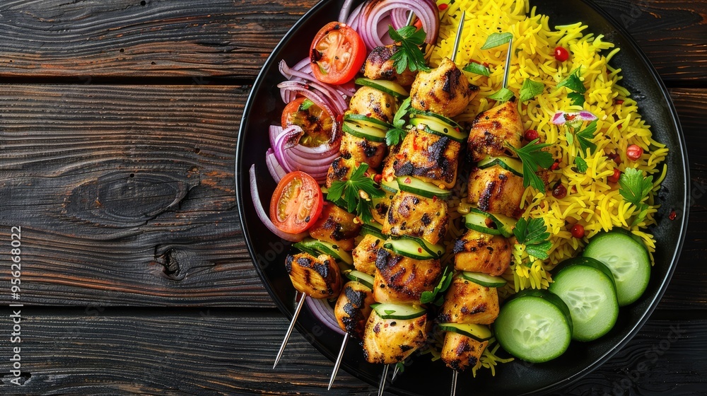Poster chicken kebabs with saffron rice fresh tomatoes cucumber and red onion on black platter on dark wooden table horizontal view from above flat lay free space close up