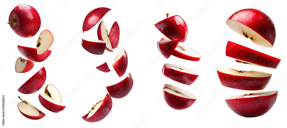 Poster slice of falling red apple isolated on white background, with depth of field