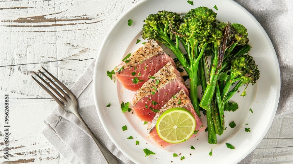 Poster close up of roast tuna steak with parboiled broccolini and lime on white plate on white textured woo