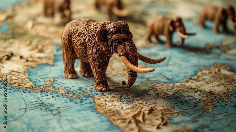Poster an elephant is standing in front of a map with a boat in the water. the elephant is looking at the b