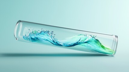 A glass tube mockup with an embedded pattern of swirling blue and green waves, representing the balance between water and air in reducing global warming.