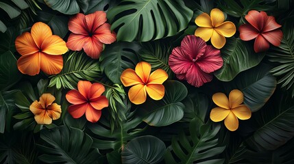 Fototapeta premium Tropical Blooms: A vibrant arrangement of tropical flowers, including hibiscus, plumeria, and monstera leaves, on a dark green background. Evokes a sense of lush greenery, exotic beauty, and summery v