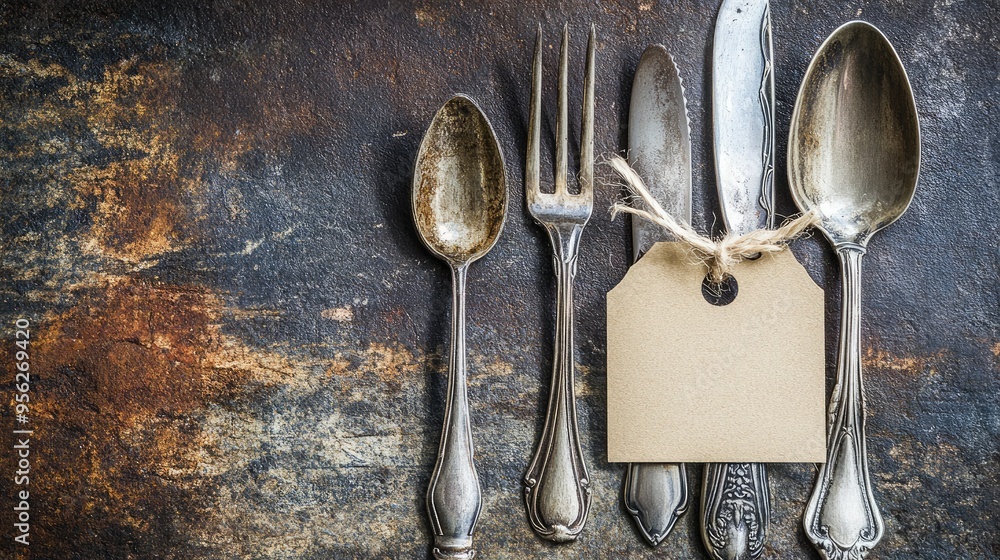 Fototapete vintage silverware set with an empty tag for text, placed on a rustic surface, creating an antique a