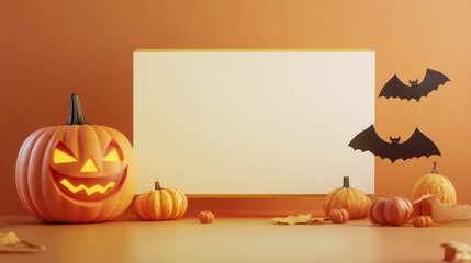 3D Rendering of Blank Billboard with Smiling Pumpkin and Bat on Geometric Shape for Halloween Promotion. AI generated illustration.
