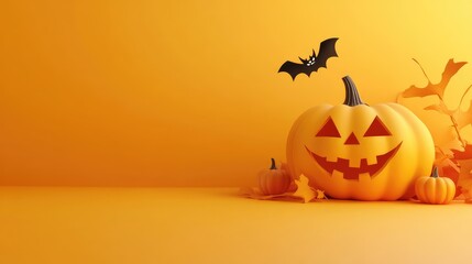 3D Rendering of Blank Billboard with Smiling Pumpkin and Bat on Geometric Shape for Halloween Promotion. AI generated illustration.