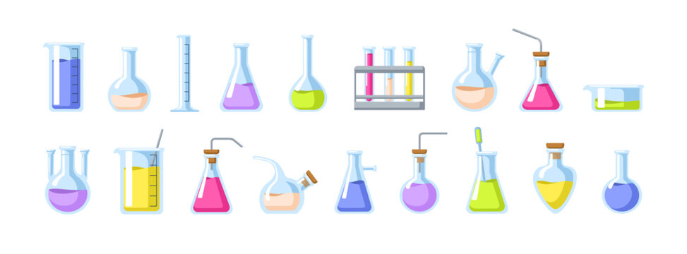 Laboratory glassware set. Flasks, beakers and test tubes. Different chemical glass containers for science experiments. Chemistry lab equipment. Flat vector illustration isolated on white background
