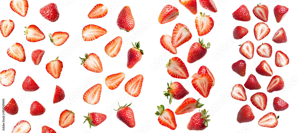 Poster full-depth of field shot of falling strawberry on white background