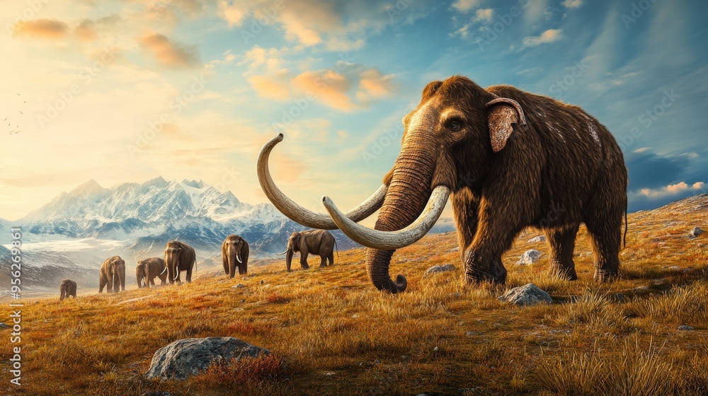 Poster a large elephant stands in front of mountain. the scene is set in a mountainous area with snow-cappe