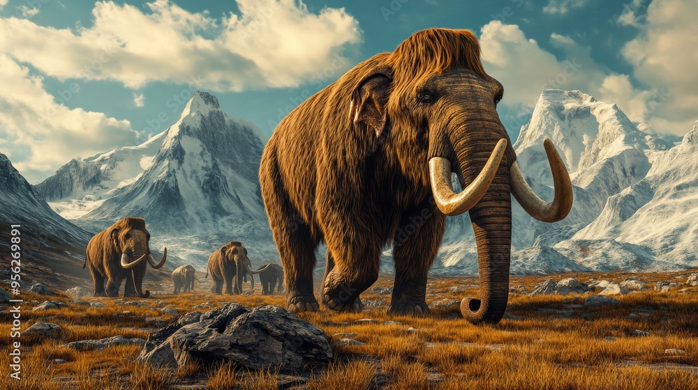 Poster a large elephant stands in front of mountain. the scene is set in a mountainous area with snow-cappe