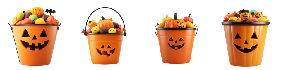 Colorful Halloween buckets filled with festive fruits, candies, and decorations perfect for Halloween celebrations. isolated on a transparent background