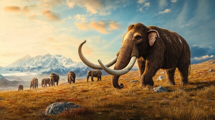 Fototapeta premium A large elephant stands in front of mountain. The scene is set in a mountainous area with snow-capped peaks in the distance