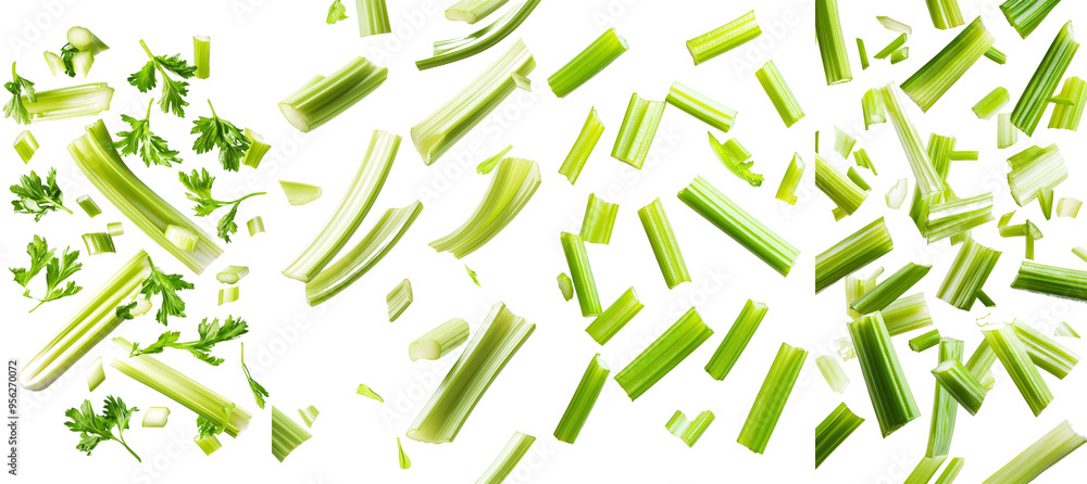 Sticker Celery falling on a white background, shallow depth of field