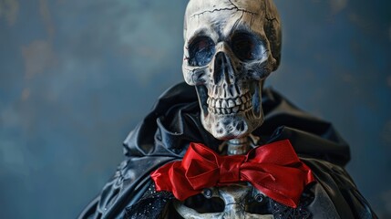 Skeleton Wearing a Cape with Red Bow Tie for Halloween Decoration