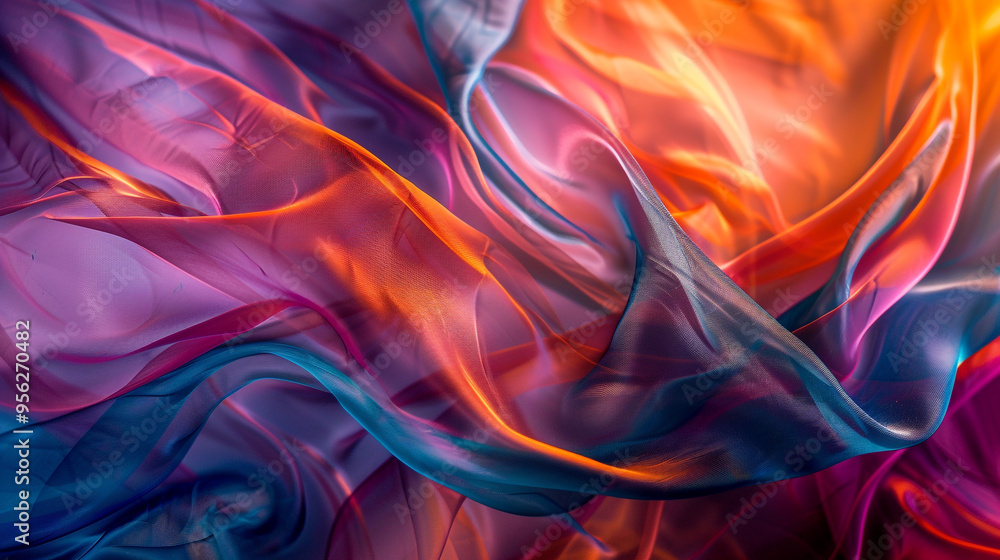 Poster colorful flowing fabrics with translucent layers in abstract design. this image showcases vibrant, f