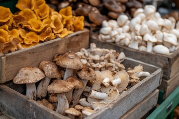 Fototapeta premium An assortment of fresh mushrooms displayed in rustic wooden crates at a market, featuring various types and colors in a close-up view.