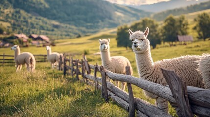 Naklejka premium Alpacas standing near a wooden fence with a scenic mountain landscape in the background. Peaceful rural setting in the early morning light.
