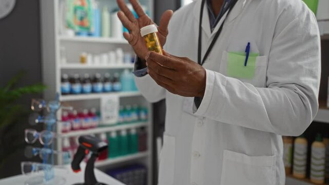 Young man holding a bottle of pills indoors in a pharmacy shop, focusing on hands and medication, with shelves of various products visible in the background