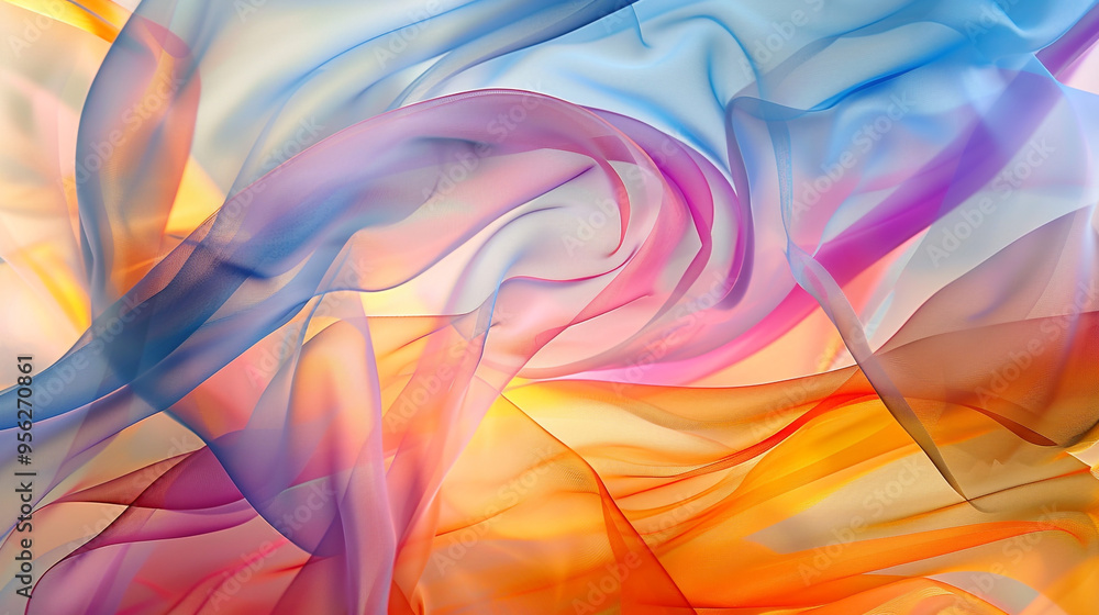Poster colorful flowing fabrics with translucent layers in abstract design. this image showcases vibrant, f
