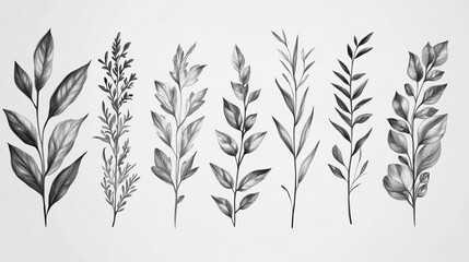 Fototapeta premium Row of hand-drawn leaves on a plain background
