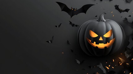 Cartoon Cute Halloween Pumpkin with Glowing Light and Flying Bats on Dark Grey Background, Black Theme Banner Design. AI generated illustration.