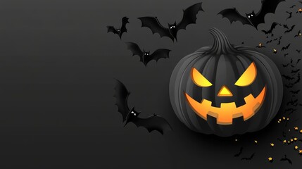 Fototapeta premium Cartoon Cute Halloween Pumpkin with Glowing Light and Flying Bats on Dark Grey Background, Black Theme Banner Design. AI generated illustration.