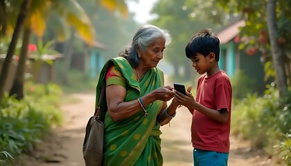 Grandmother and Grandson Using Smartphone Outdoors.
