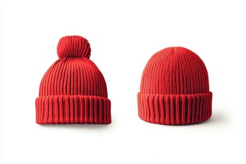 Two red knitted beanies displayed side by side, one with a pom-pom and one without.