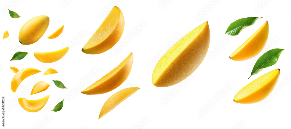 Poster the yellow mango is falling on a white background, full depth of field is used