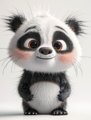 Obraz premium Cartoon panda with large eyes and a cheerful smile on a white background, featuring fluffy wool and a cute appearance.