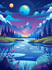 Serene Nighttime Landscape with Mountains and a Reflective Lake