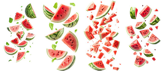 Falling watermelon without seeds, fully focused on white background