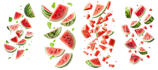 Falling watermelon without seeds, fully focused on white background