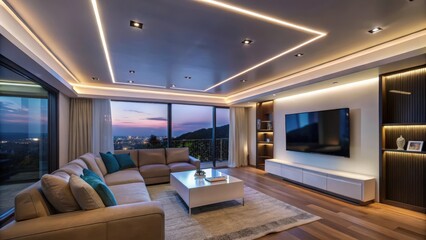 Fototapeta premium Modern Living Room with Large Windows, Sectional Sofa, and Flat Screen TV