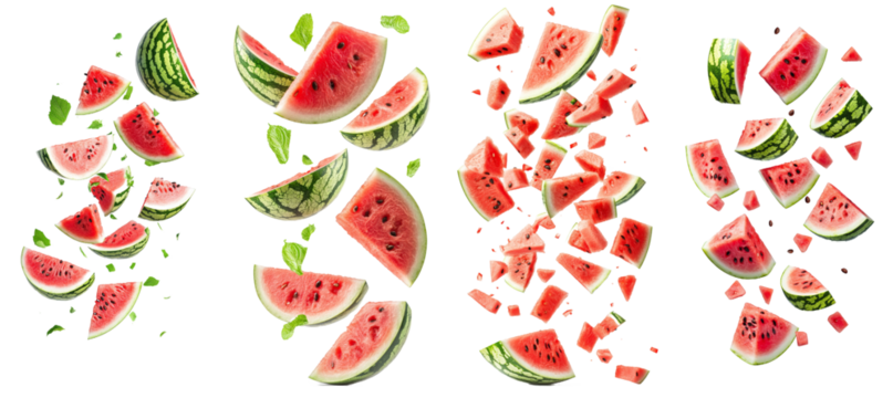 Falling watermelon without seeds, fully focused on white background
