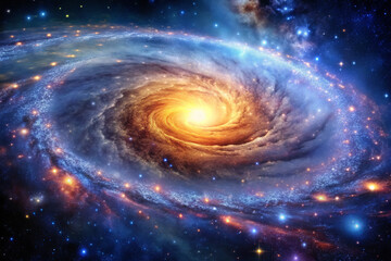 Vibrant Spiral Galaxy in Deep Space with Blue and Orange Nebula