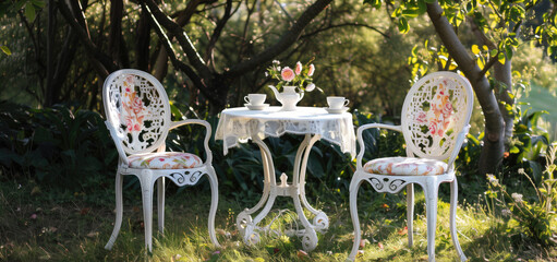 Elegant White Garden Table and Chairs with Floral Cushions for Outdoor Tea Party.