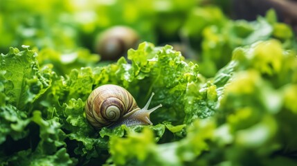 Close-up of a snail crawling on fresh green lettuce leaves in a garden, showcasing nature and wildlife in a natural environment.