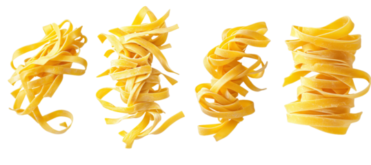 Pasta, tagliatelle, fettuccine falling on a white background, full focus