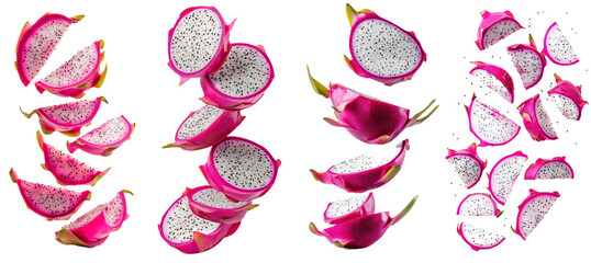 A falling dragon fruit slice, pitahaya, pitaya, isolated on white, full depth of field