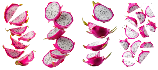 A falling dragon fruit slice, pitahaya, pitaya, isolated on white, full depth of field