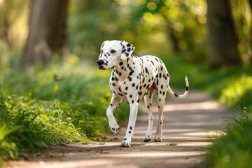 Elegant dalmatian strolling on a sunlit forest path in autumn AI