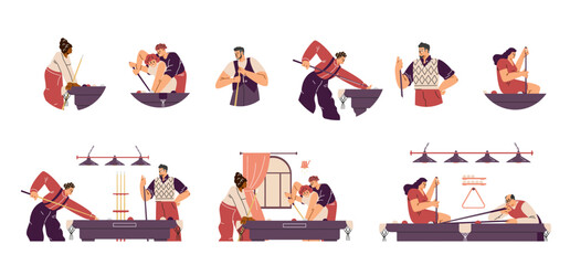 Cartoon billiard players, isolated and indoor scenes. Vector illustration in flat style.