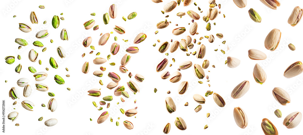 Poster a falling pistachio peeled on a white background with full depth of field