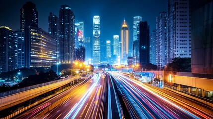 Fototapeta premium Smart city digital transformation, where twinkling city lights illuminate a modern metropolis at night. Enhanced connectivity and innovation through 5G and fiber optics empower urban environments. 