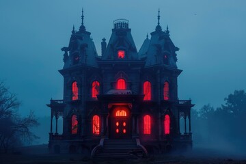 Obraz premium Haunted halloween mansion with eerie red glow on foggy night AI