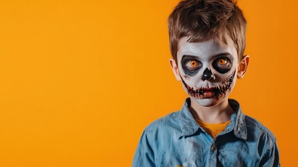 Cute Boy Dressed as a Zombie for Halloween on an Orange Banner with Space for Copy, Festive 3D Illustration. AI generated illustration.